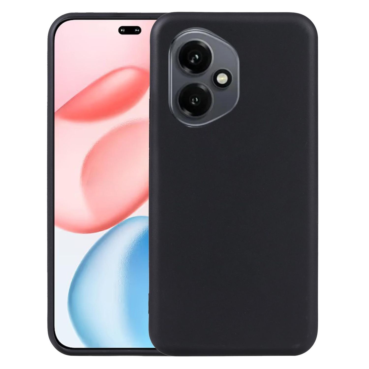 Schwarze Handyhülle mit Kameraaussparung und Handy mit Bild.