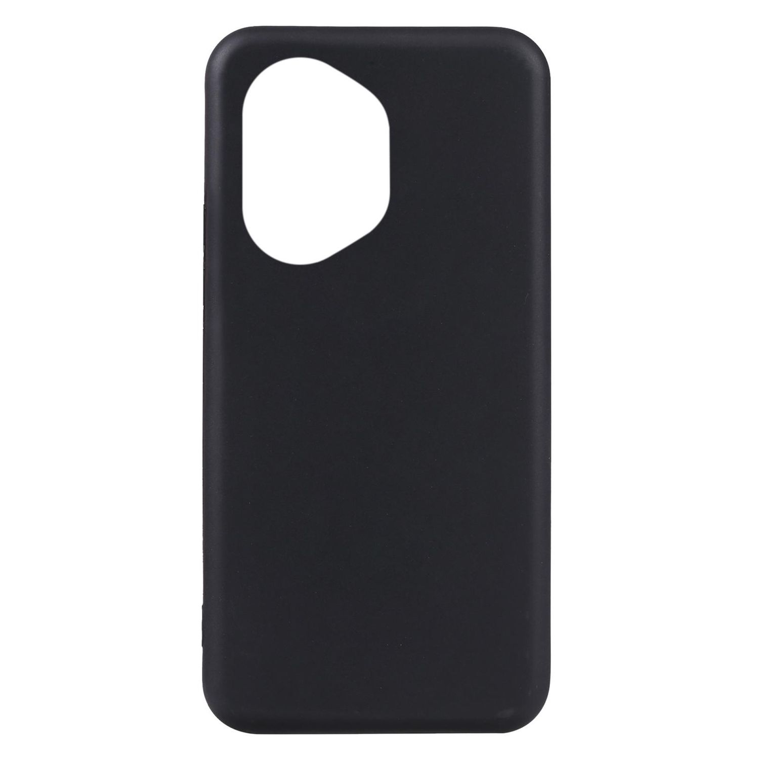 Eine einfache schwarze Handyhülle mit Kameraausschnitt. Es hat eine einfarbige, matte schwarze Farbe und ist rechteckig.