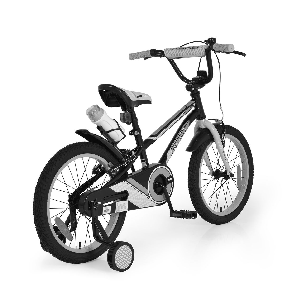 Ein schwarz-weißes Kinderfahrrad mit Stützrädern und einem Trinkflaschenhalter. Es steht auf weißem Hintergrund.
