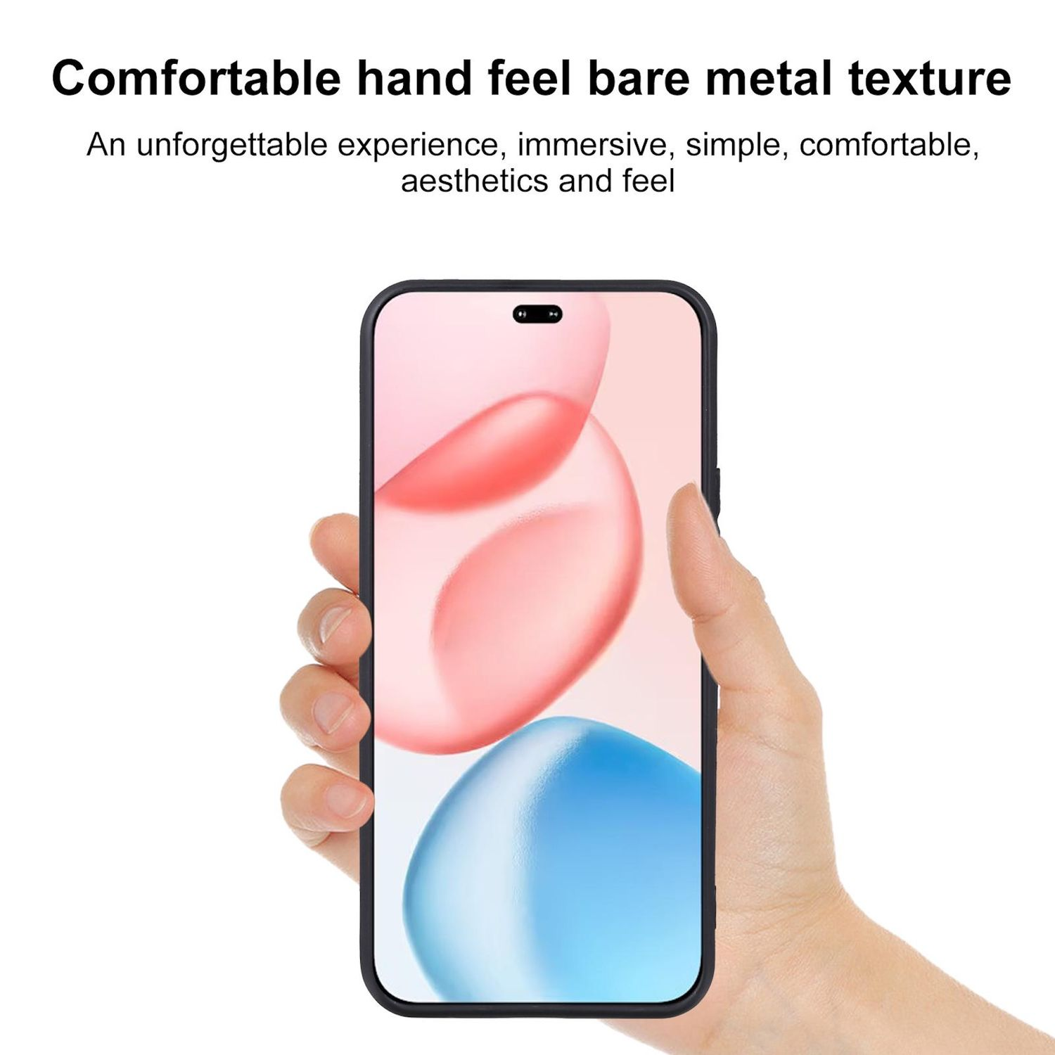 Eine Hand, die ein schwarzes Telefon mit einem rosa und blauen Hintergrund auf dem Bildschirm hält.