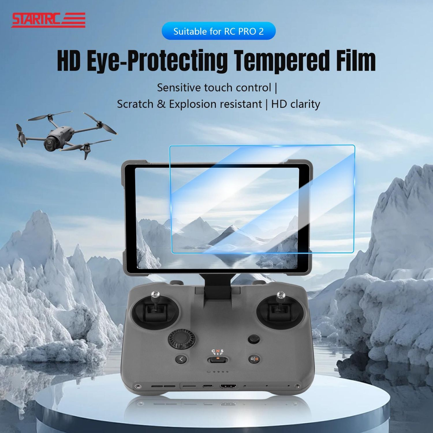 Controller per drone con protezione schermo e un drone nel cielo, con sovrapposizione di testo.