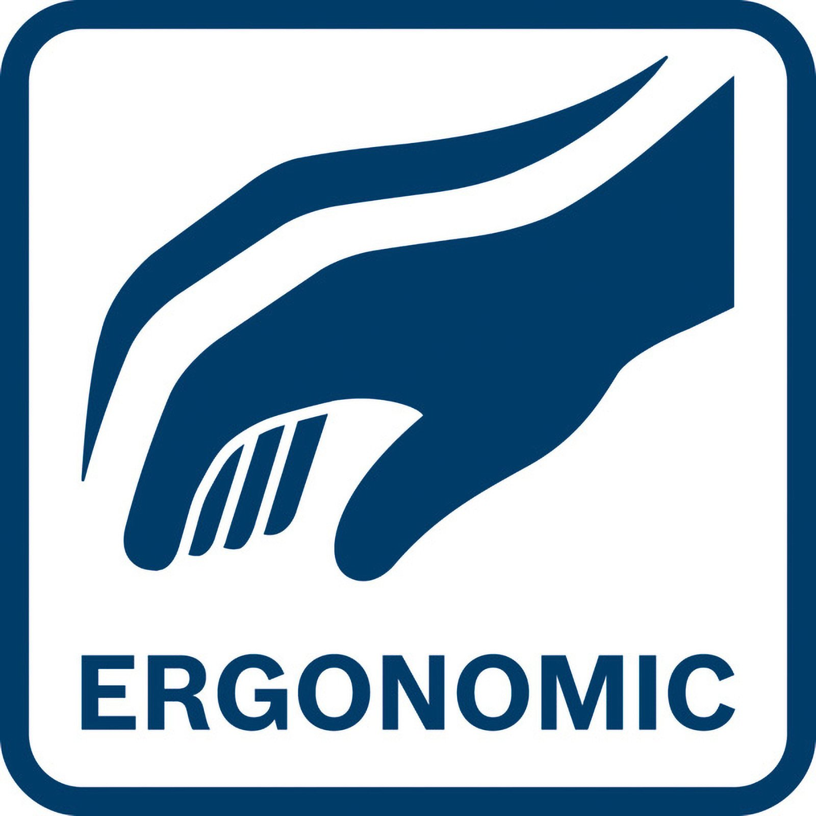 Beyaz bir el grafiği ve altında kalın siyah harflerle 'ERGONOMİK' kelimesi olan mavi bir kare.