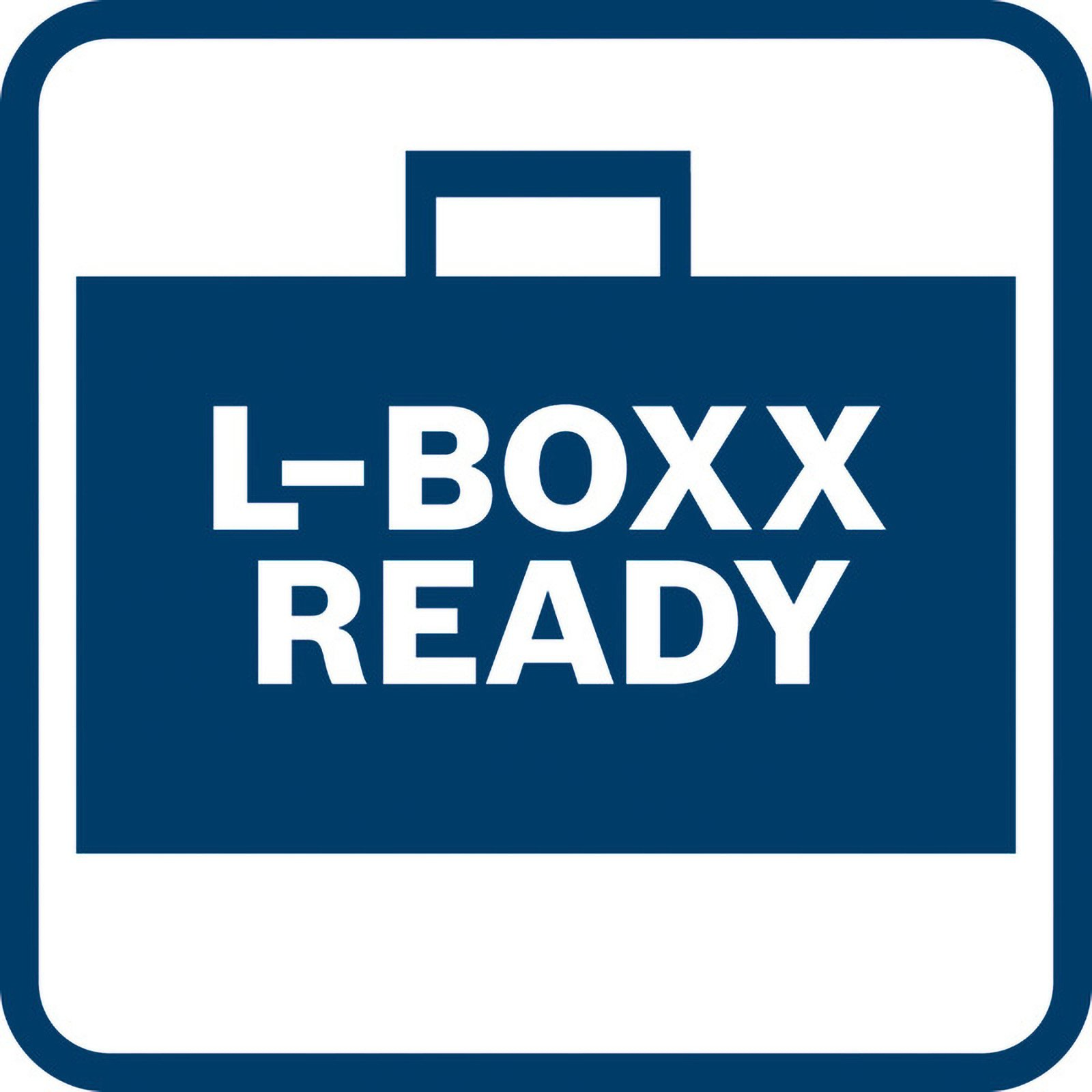 Bir bavul simgesi ve beyaz 'L-BOXX READY' metni olan mavi bir kare. Arka plan beyazdır.