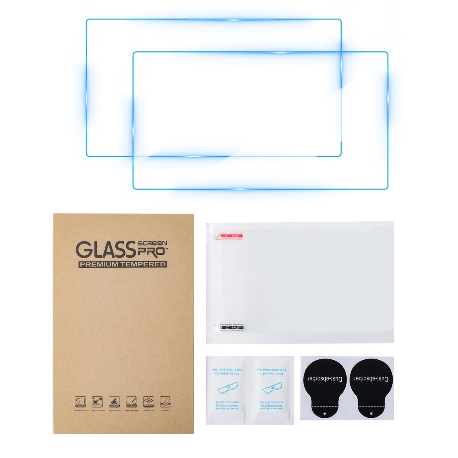 Confezione per un kit di protezione dello schermo. Include scatola, protezioni schermo e salviette.