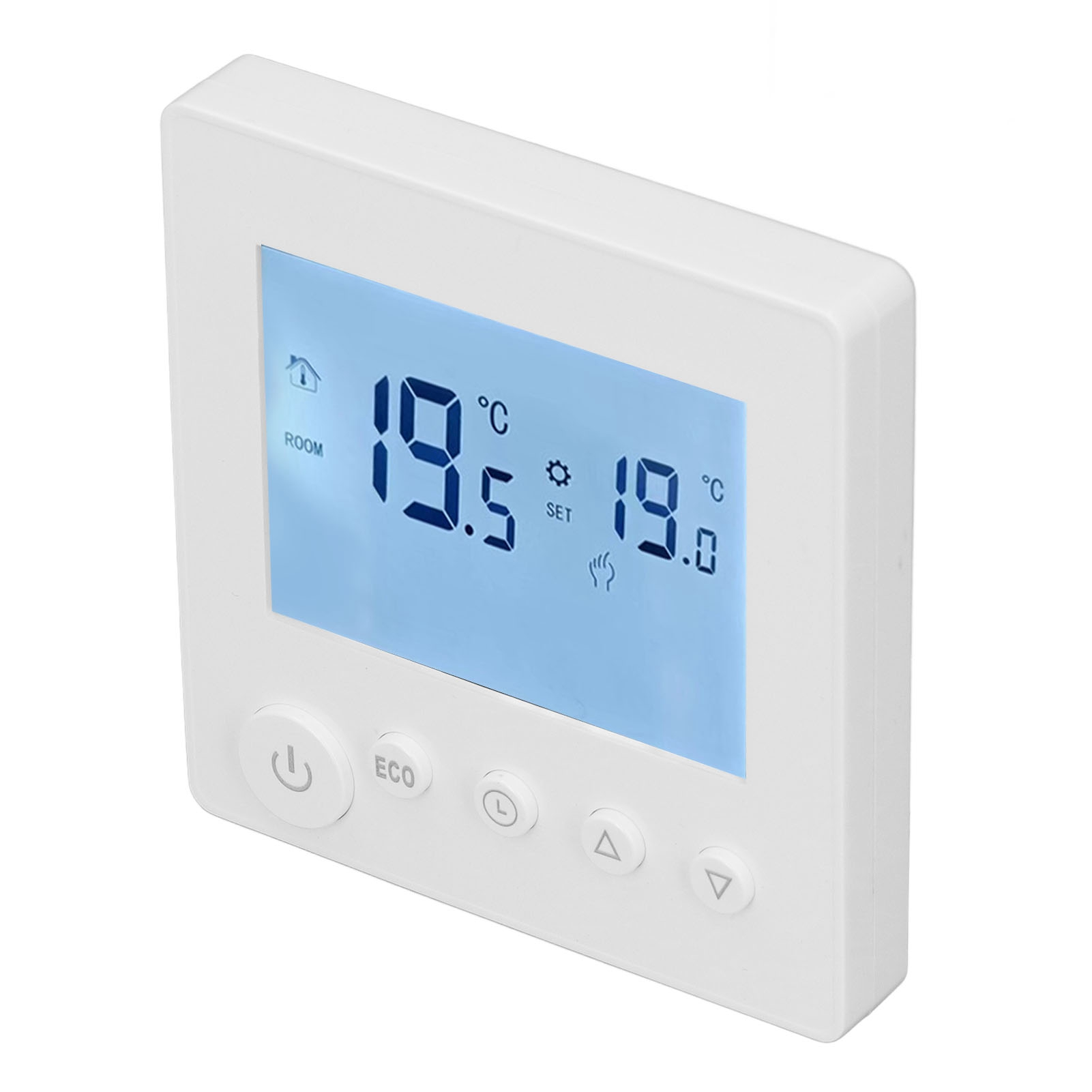Weißer Thermostat mit 19,5°C und eingestellt auf 19,0°C. Hat Ein-/Aus-, Eco- und Einstelltasten.