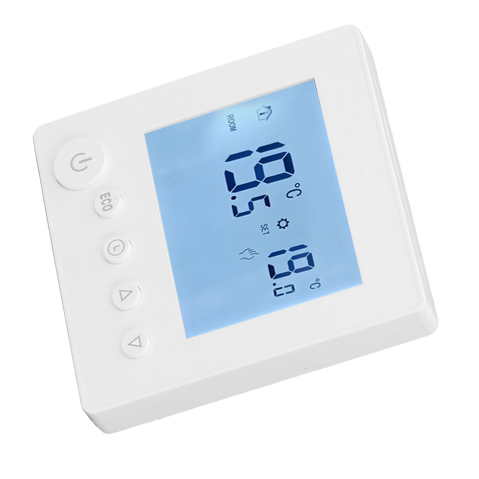 Weißer Thermostat mit Digitalanzeige, die Temperatur und Einstellungen anzeigt. Tasten zur Steuerung sind sichtbar.