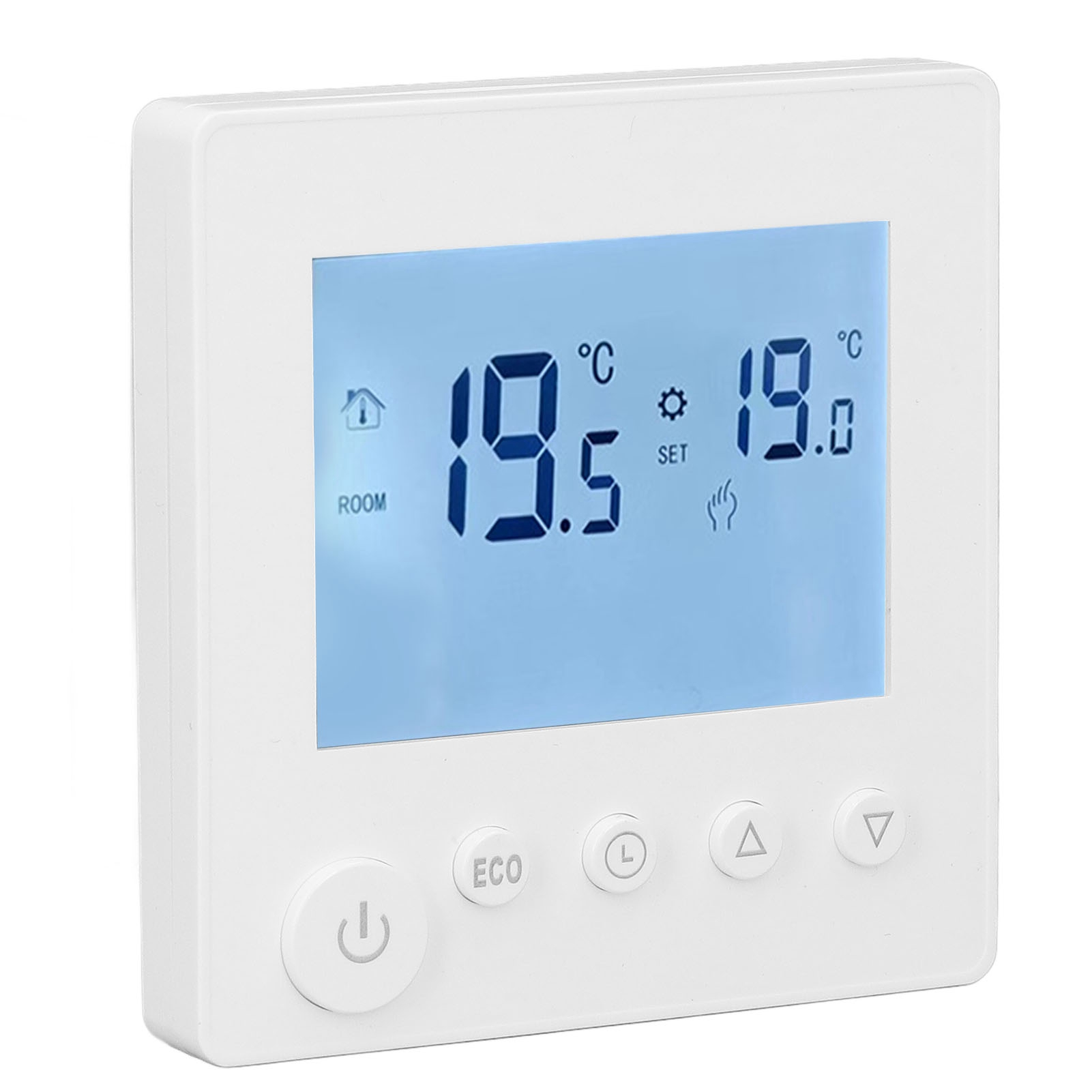 Weißer Thermostat mit Digitalanzeige, die 19,5 und 19,0 Grad Celsius zeigt. Tasten inkl. ECO und Ein/Aus.