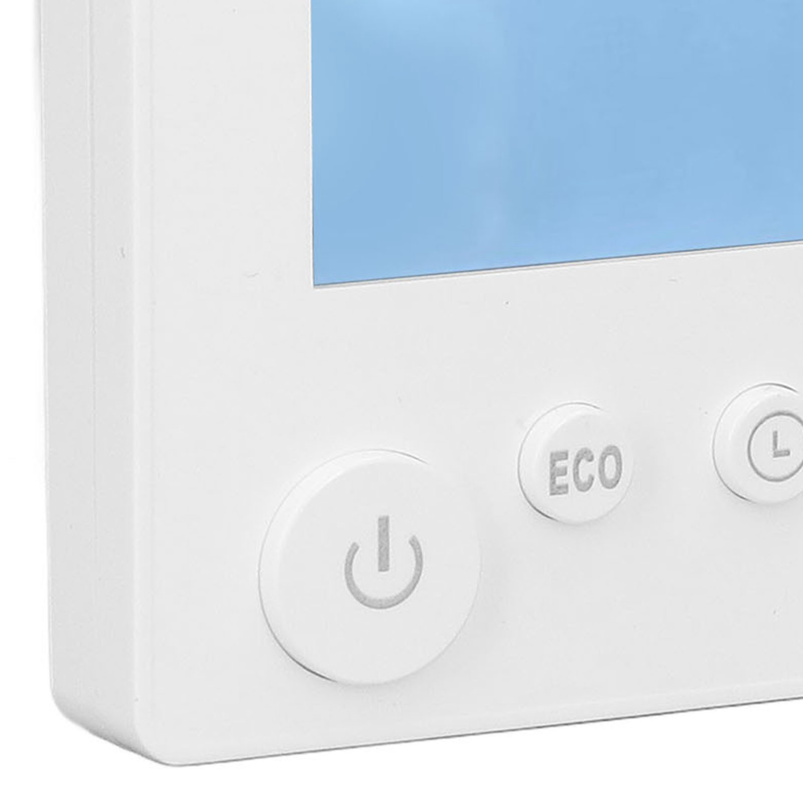Nahaufnahme eines weißen Thermostats mit Ein-/Aus- und Eco-Tasten. ECO in der Mitte, Ein-/Aus-Taste links.