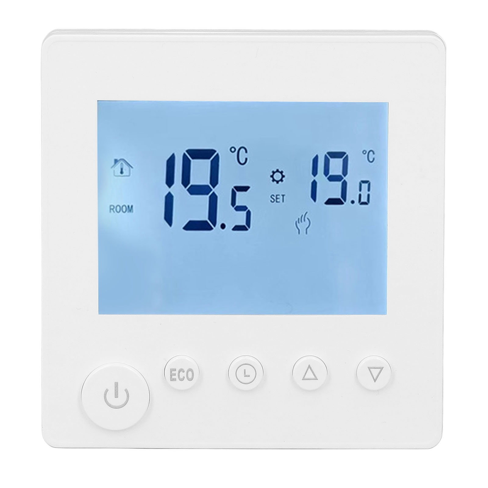 Weißer Thermostat mit 19,5°C und eingestellt auf 19,0°C. Hat Ein-/Aus-, Eco- und Einstelltasten in quadratischer Form.