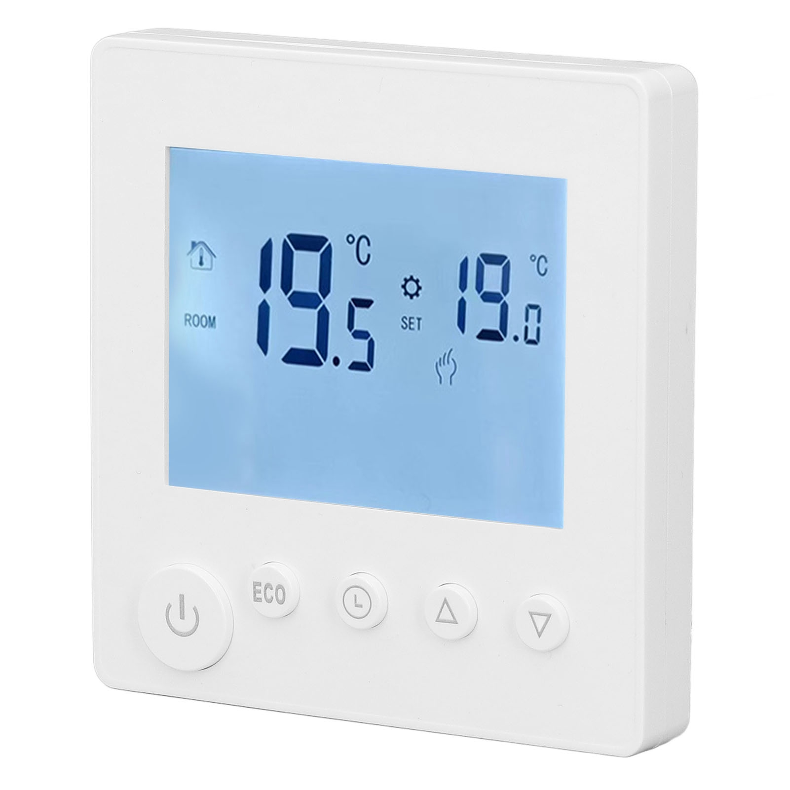 Ein weißes Thermostat zeigt 19,5 und 19,0 Grad Celsius an. Es hat Funktionstasten und ein Haussymbol.
