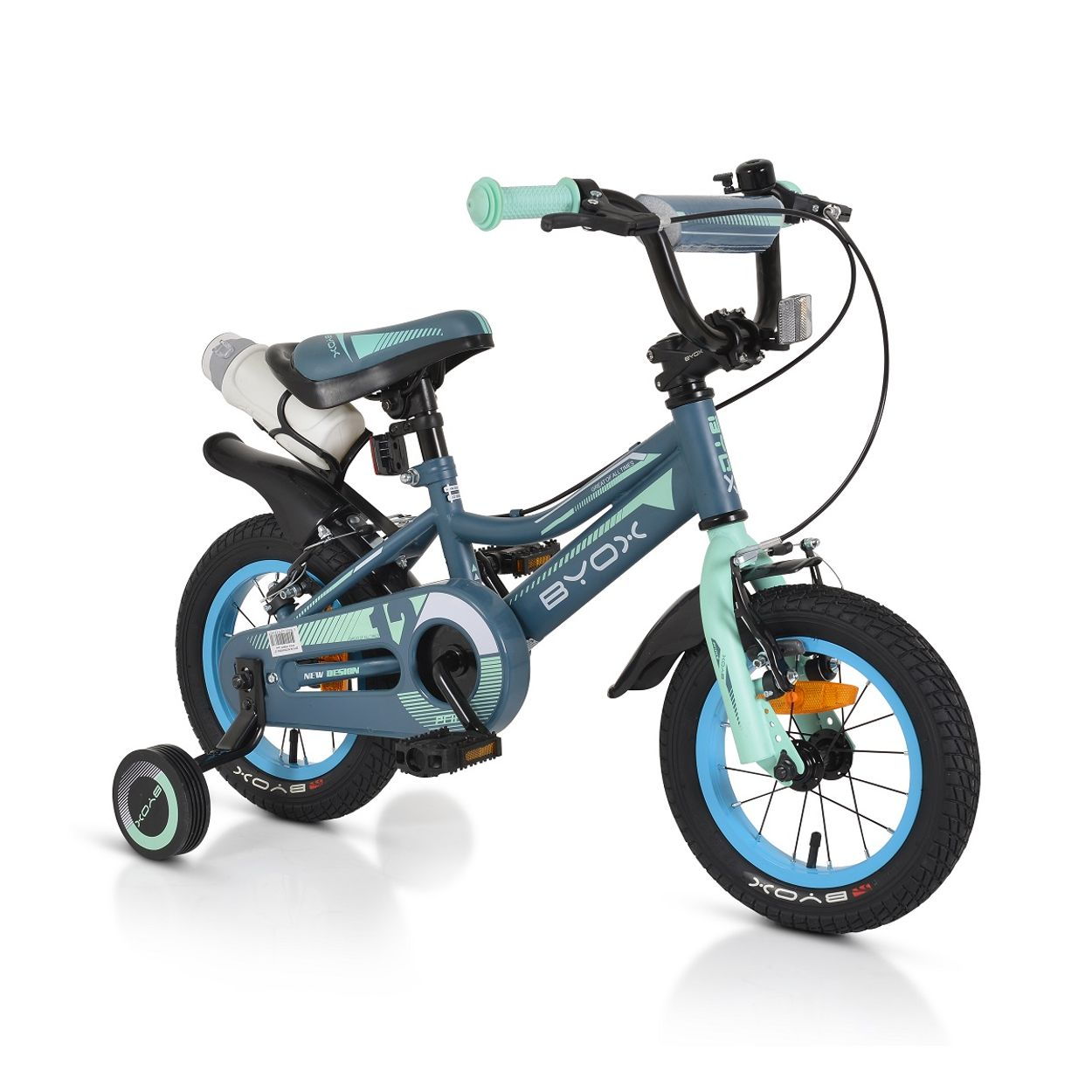 Blaues und graues Kinderfahrrad mit Stützrädern. Mintgrüne Akzente. Isoliert auf weißem Hintergrund.