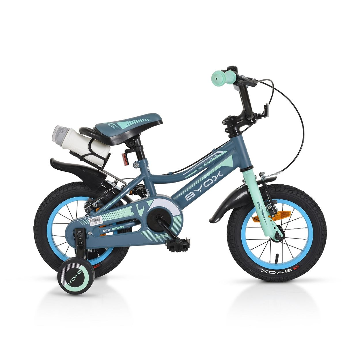 Blaues und graues Kinderfahrrad mit Stützrädern. Mintgrüne Akzente. Isoliert auf Weiß.