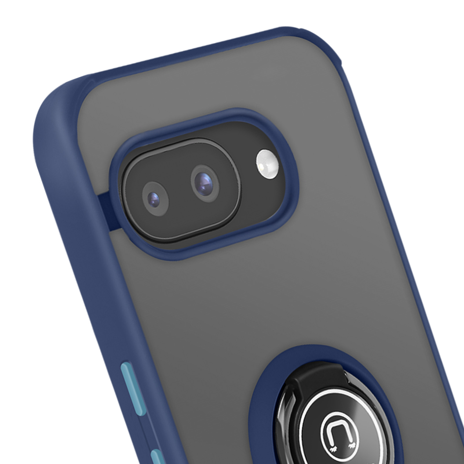 Primo piano di una custodia per telefono. Ha un retro grigio scuro con fotocamera e cornice blu.