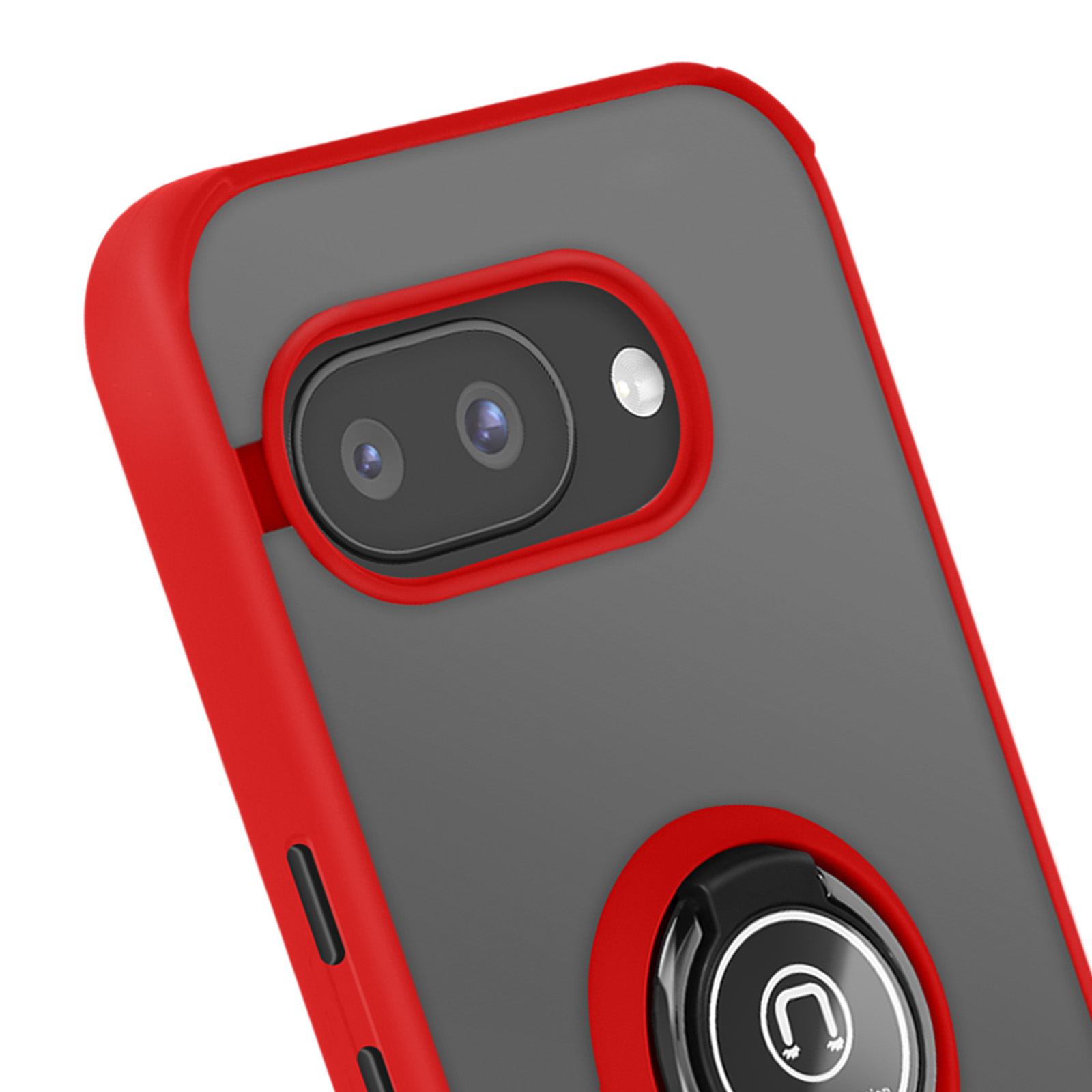Primo piano di una custodia per telefono. Ha un retro grigio scuro con fotocamera e cornice rossa.