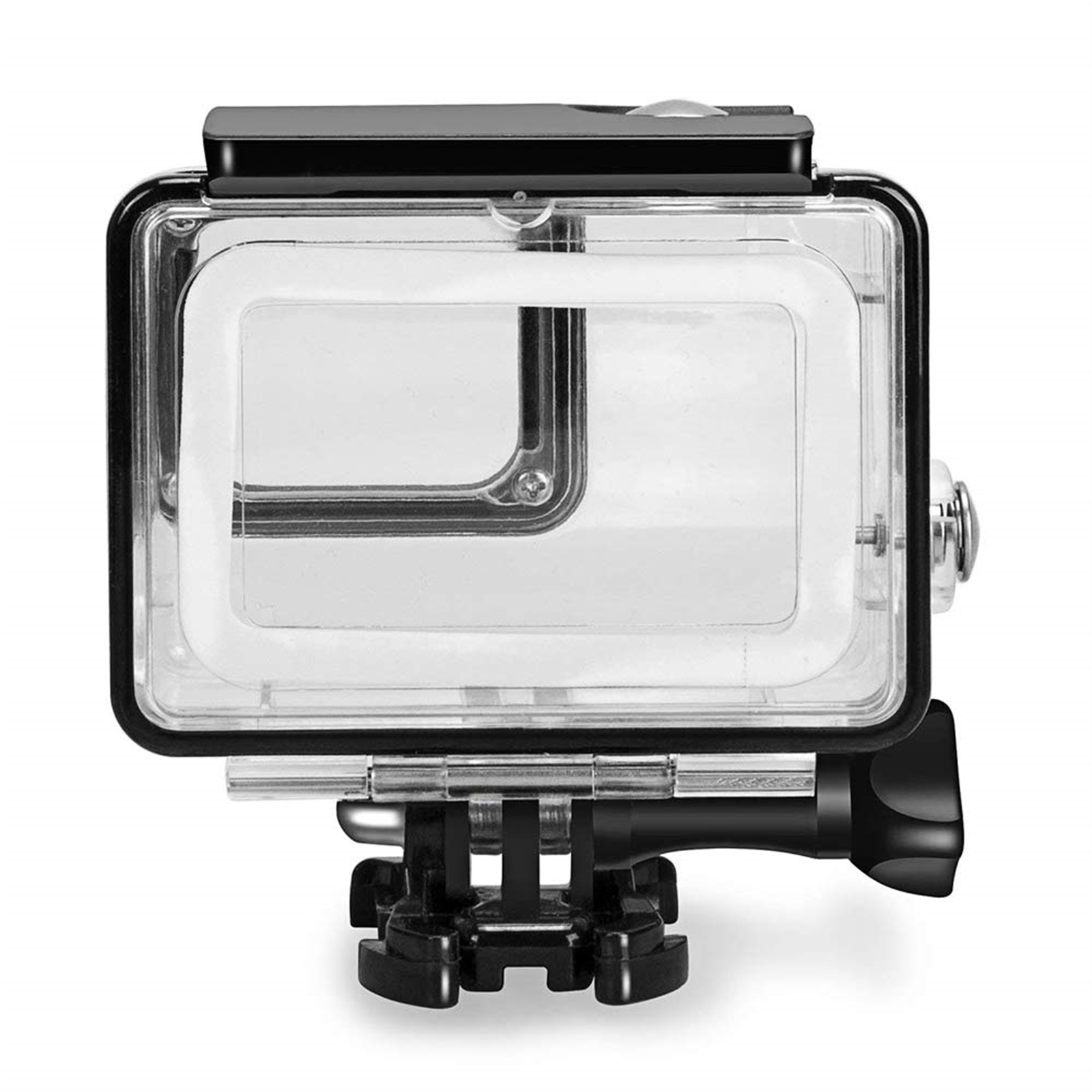 Schwarzes GoPro-Kameragehäuse mit klarer Front. Es hat eine Halterung an der Unterseite.