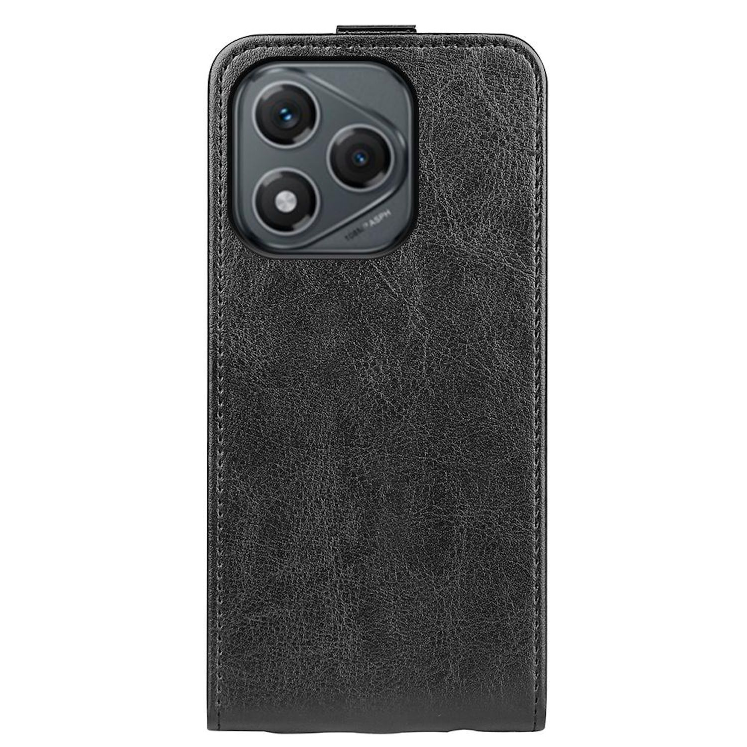 Una funda de teléfono negra cerrada con una protuberancia para la cámara. Tiene apariencia de cuero texturizado.
