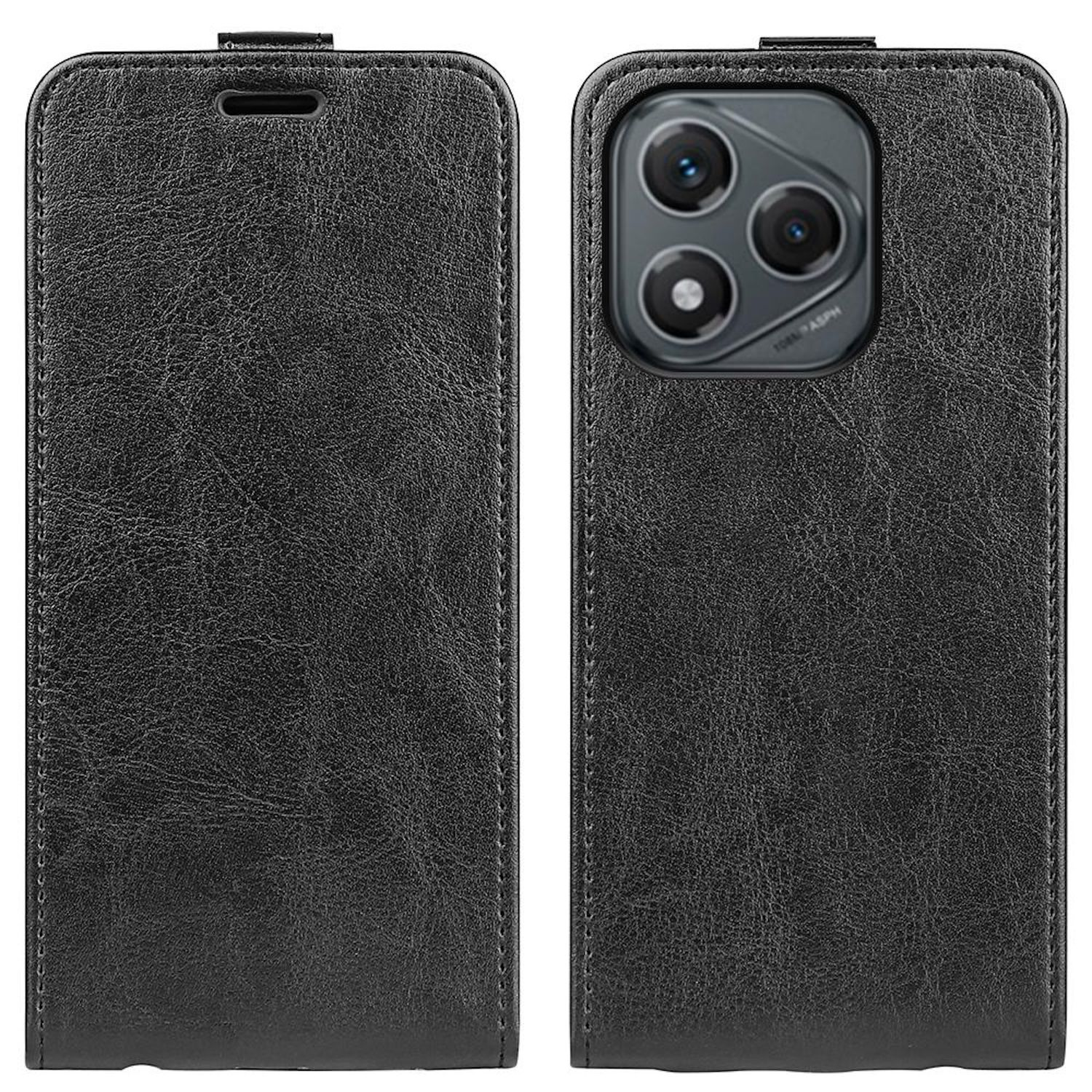 Dos lados de una funda negra para teléfono, abierta y cerrada. El lado abierto muestra la protuberancia de la cámara.