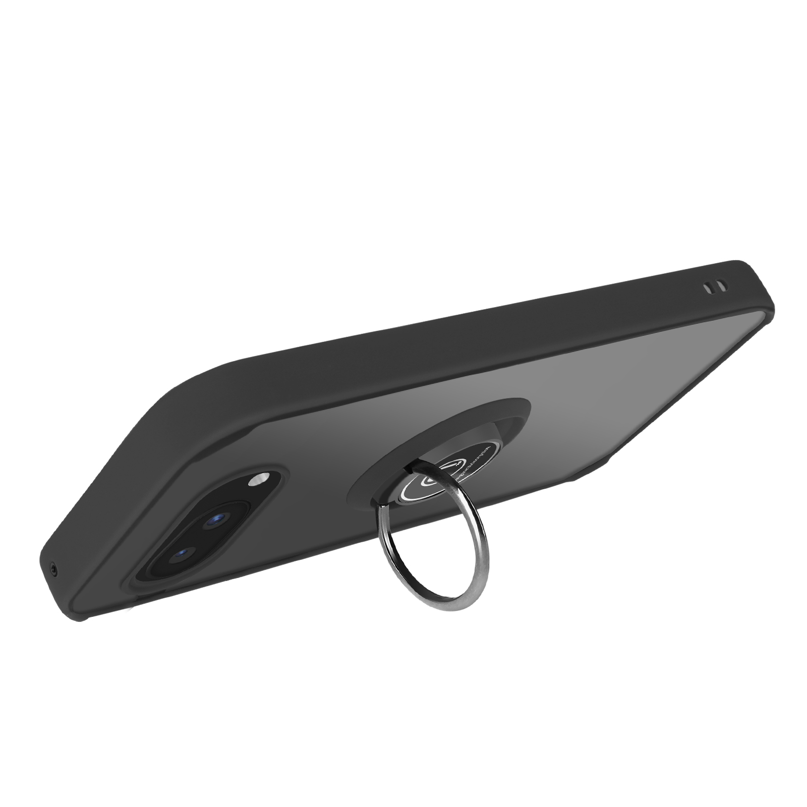 Una custodia per telefono con un supporto ad anello. La custodia è nera e il telefono è visibile.