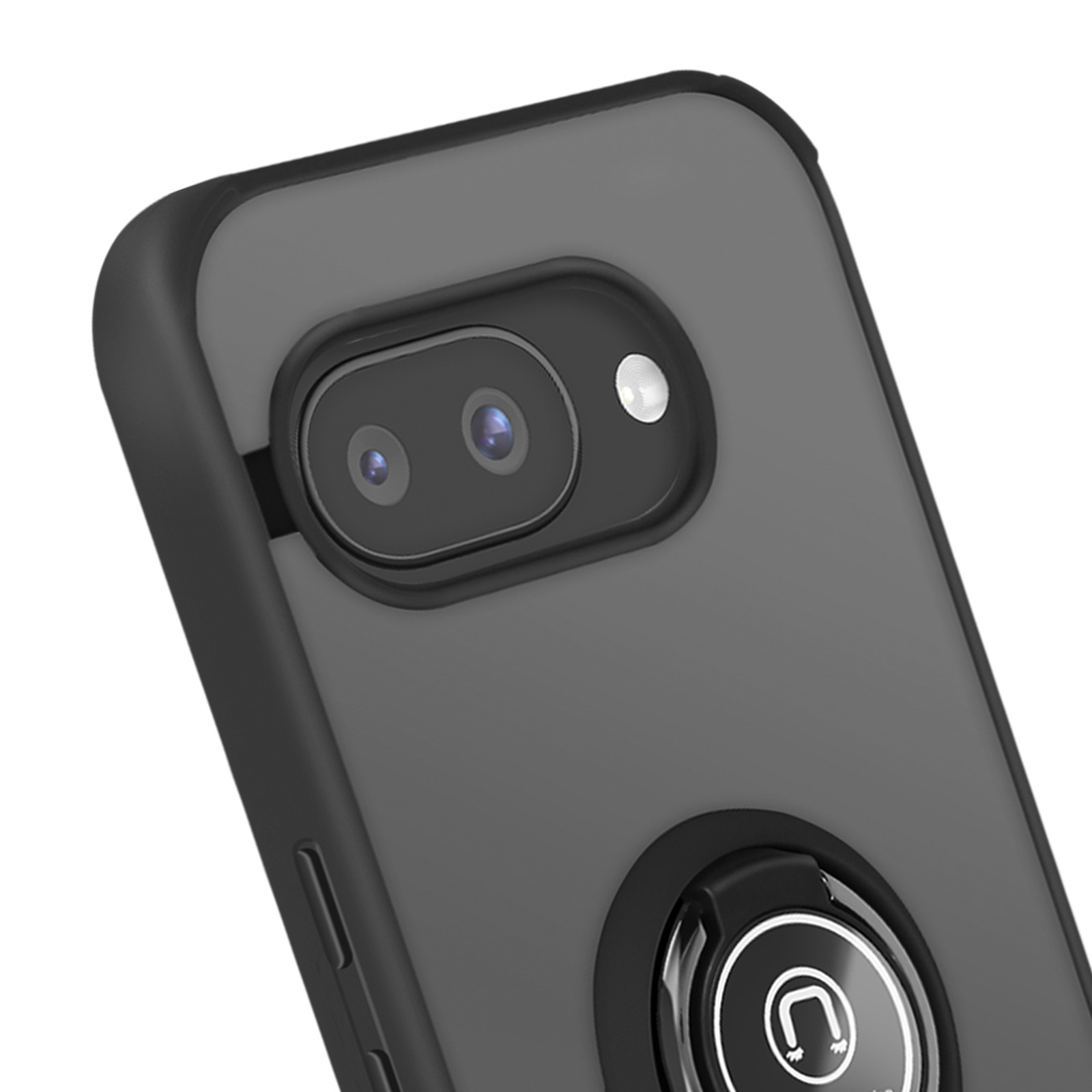 Primo piano di una custodia per telefono con un supporto ad anello. La custodia è grigio scuro.