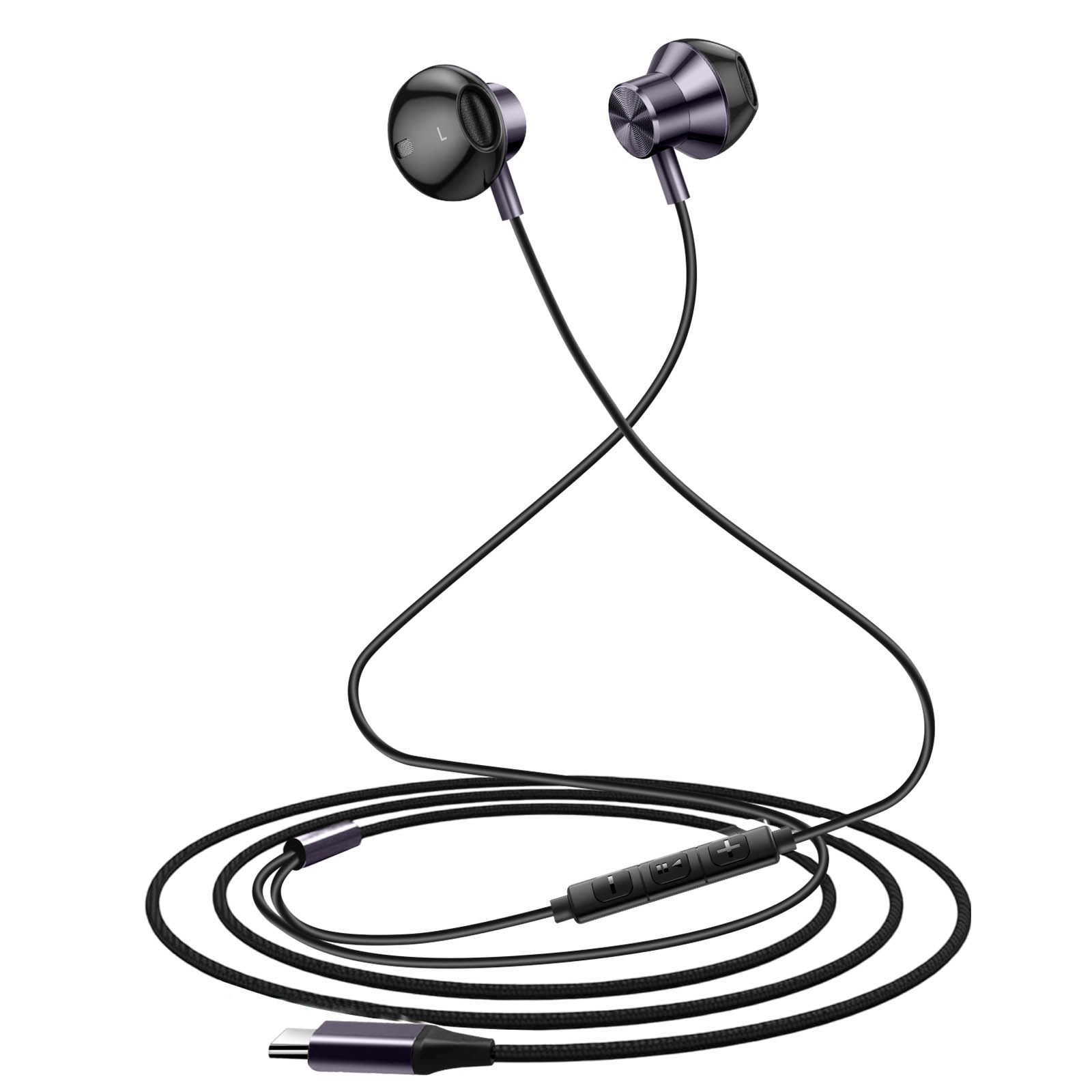 Zwei schwarze Ohrhörer mit Bedienfeld und USB-C-Anschluss, alles an einem schwarzen Kabel.