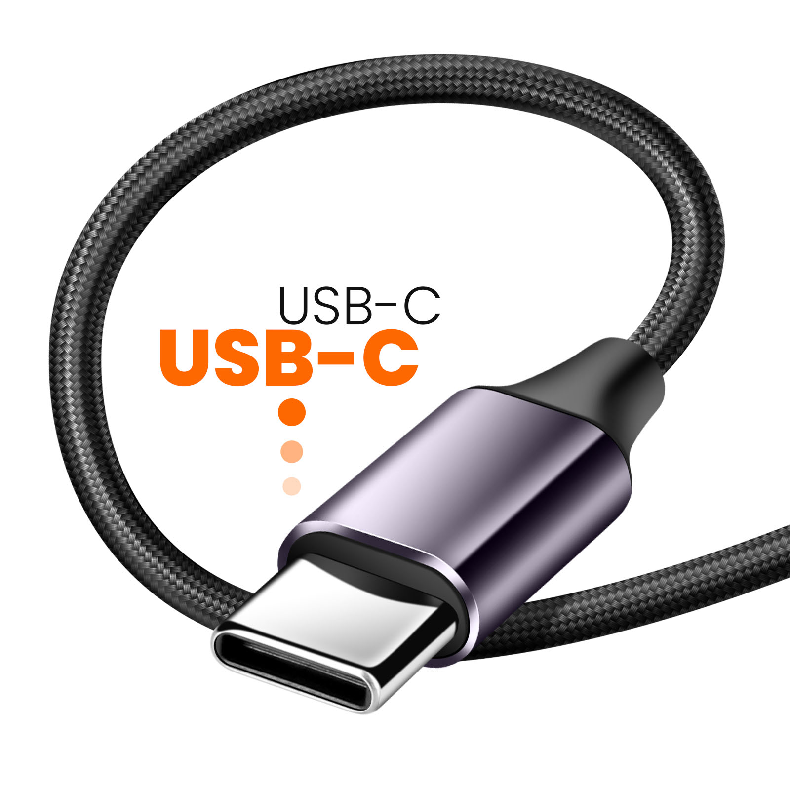 Ein schwarzes USB-C-Kabel mit einem silbernen Stecker, der Text USB-C und USB-C ist auf dem Bild geschrieben.
