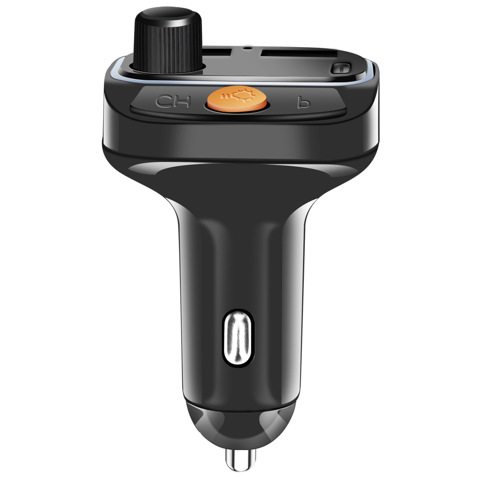 Caricatore per auto nero con quadrante, pulsante arancione e porte USB. Finitura lucida.