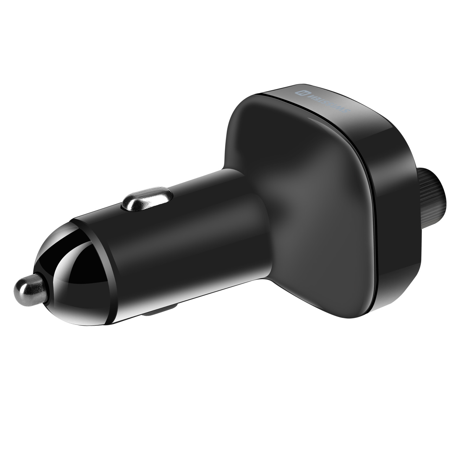 Caricatore per auto nero con quadrante, pulsante arancione e porte USB. Finitura lucida.