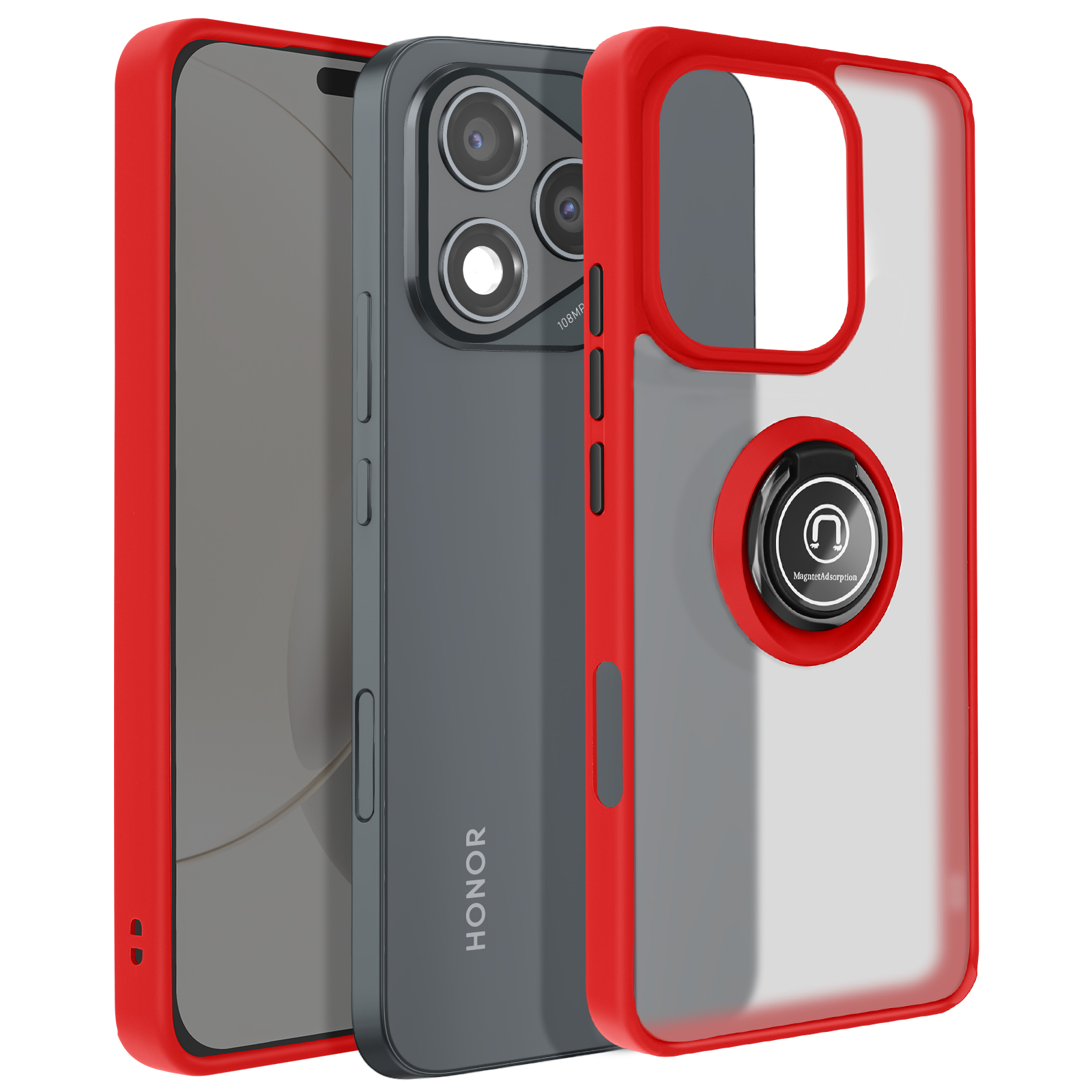 Un telefono cellulare in una custodia con cornice rossa con un supporto ad anello e tre fotocamere.