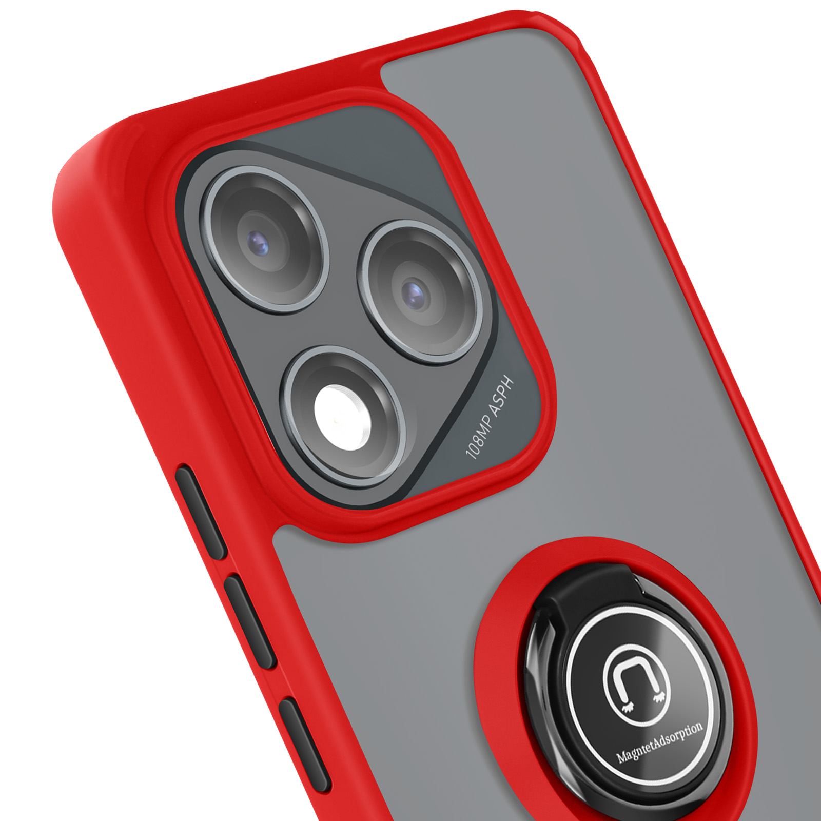 Custodia rossa per telefono con fotocamera e anello. La fotocamera ha più lenti.