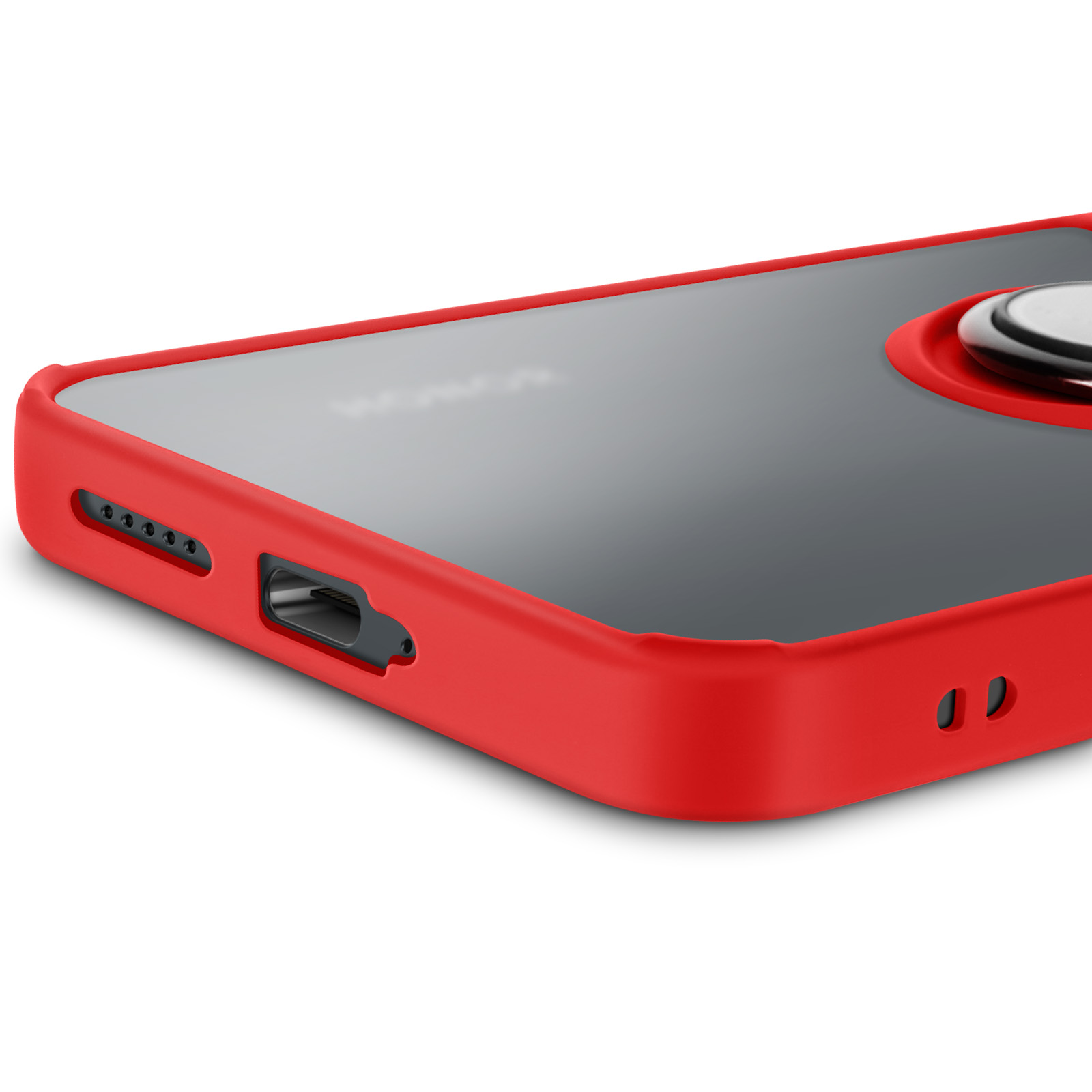 Primo piano di una custodia rossa per telefono con un supporto ad anello argentato.