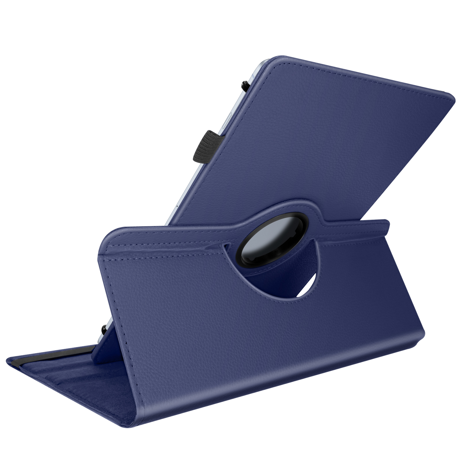 Una custodia blu per tablet, aperta per mostrare il tablet. Ha un design rotante e una cinghia nera.