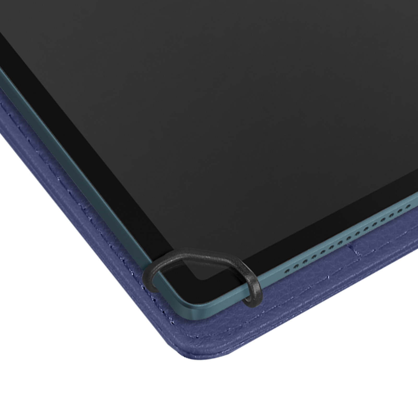 Primo piano di una custodia per tablet blu. Lo schermo del tablet è nero.