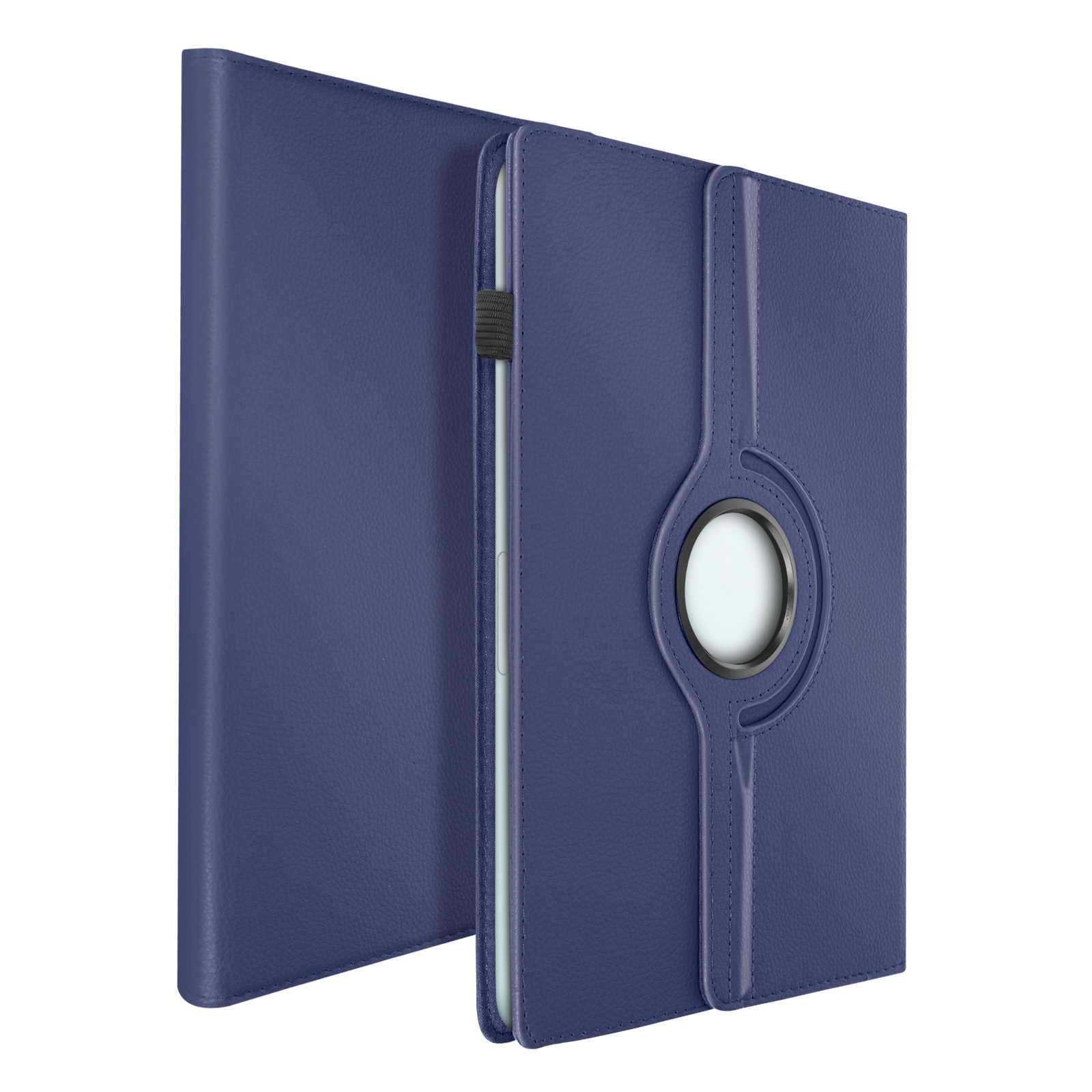 Una custodia blu per tablet, chiusa. Ha un design rotante con cinturino nero su sfondo bianco.
