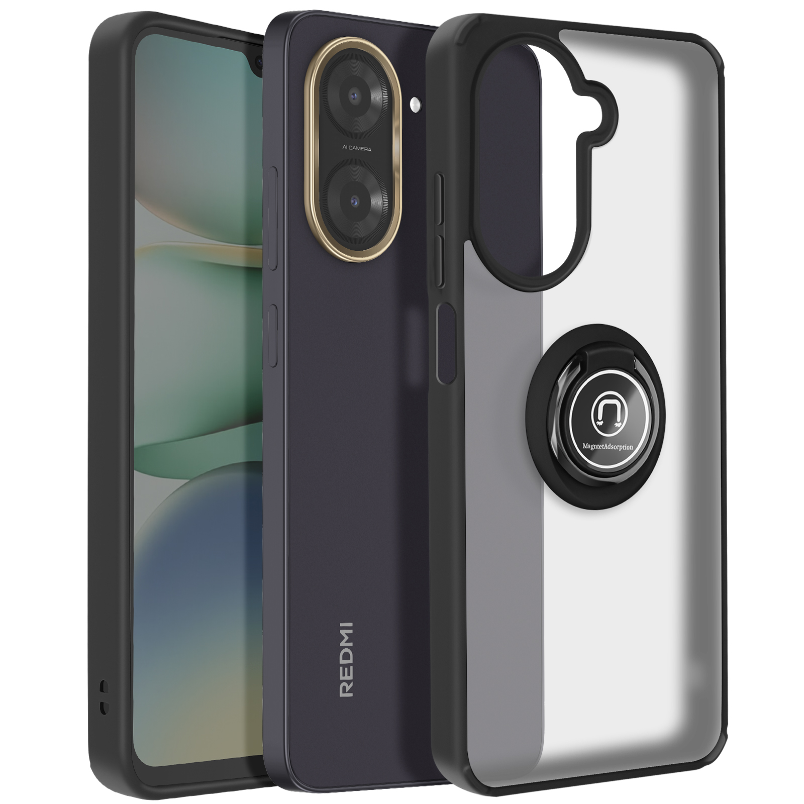 Telefono nero con custodia. La fotocamera ha più lenti e un supporto ad anello.