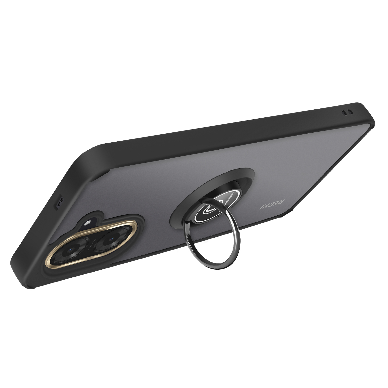 Custodia nera per telefono con anello. Il telefono ha una fotocamera a doppia lente.