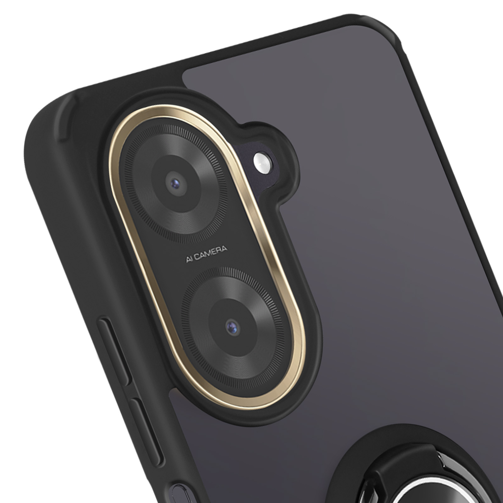 Primo piano di una custodia per telefono nera con lenti della fotocamera e anello. La fotocamera ha un contorno dorato.