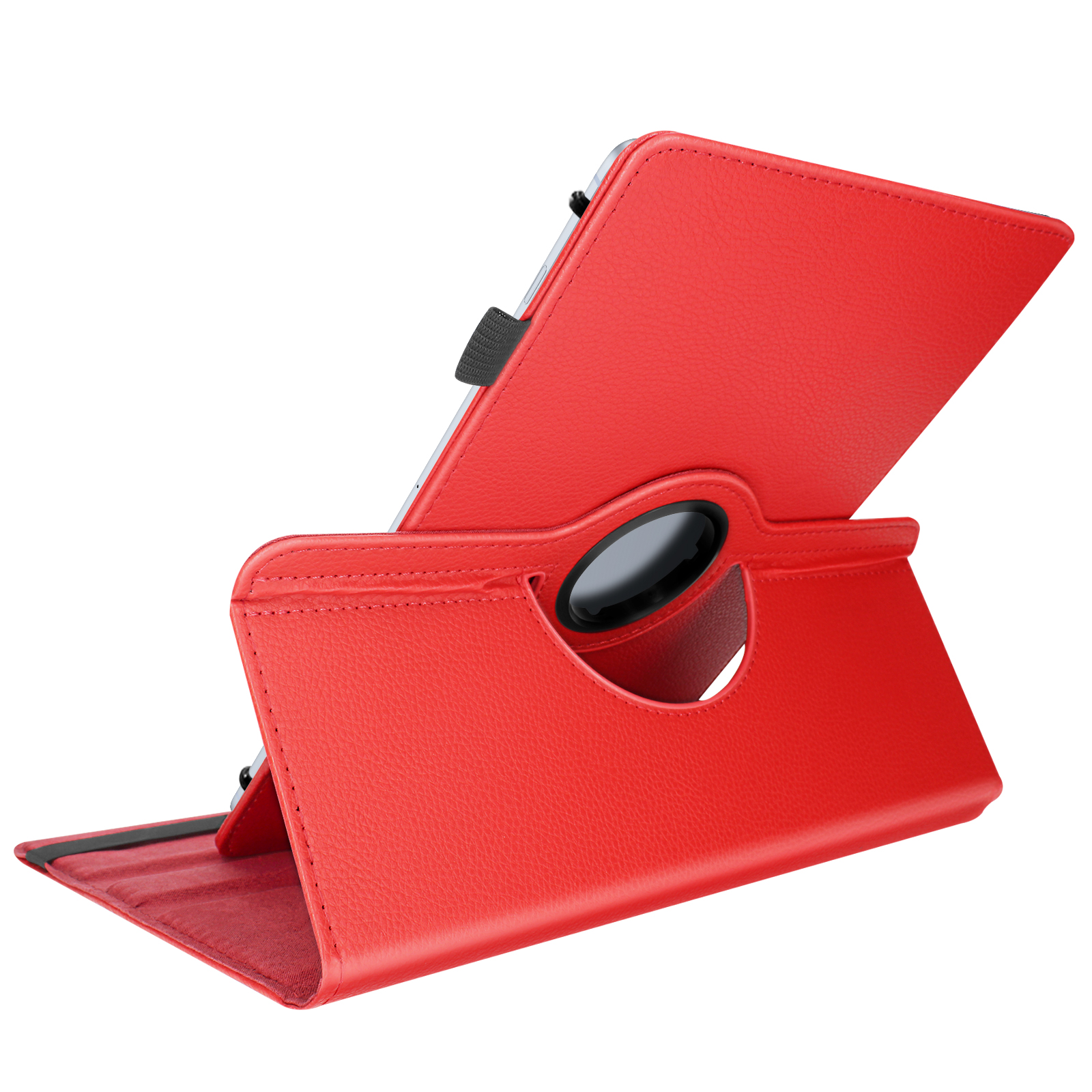Custodia rossa per tablet, aperta, con cinturino nero, su sfondo bianco. La custodia è similpelle.