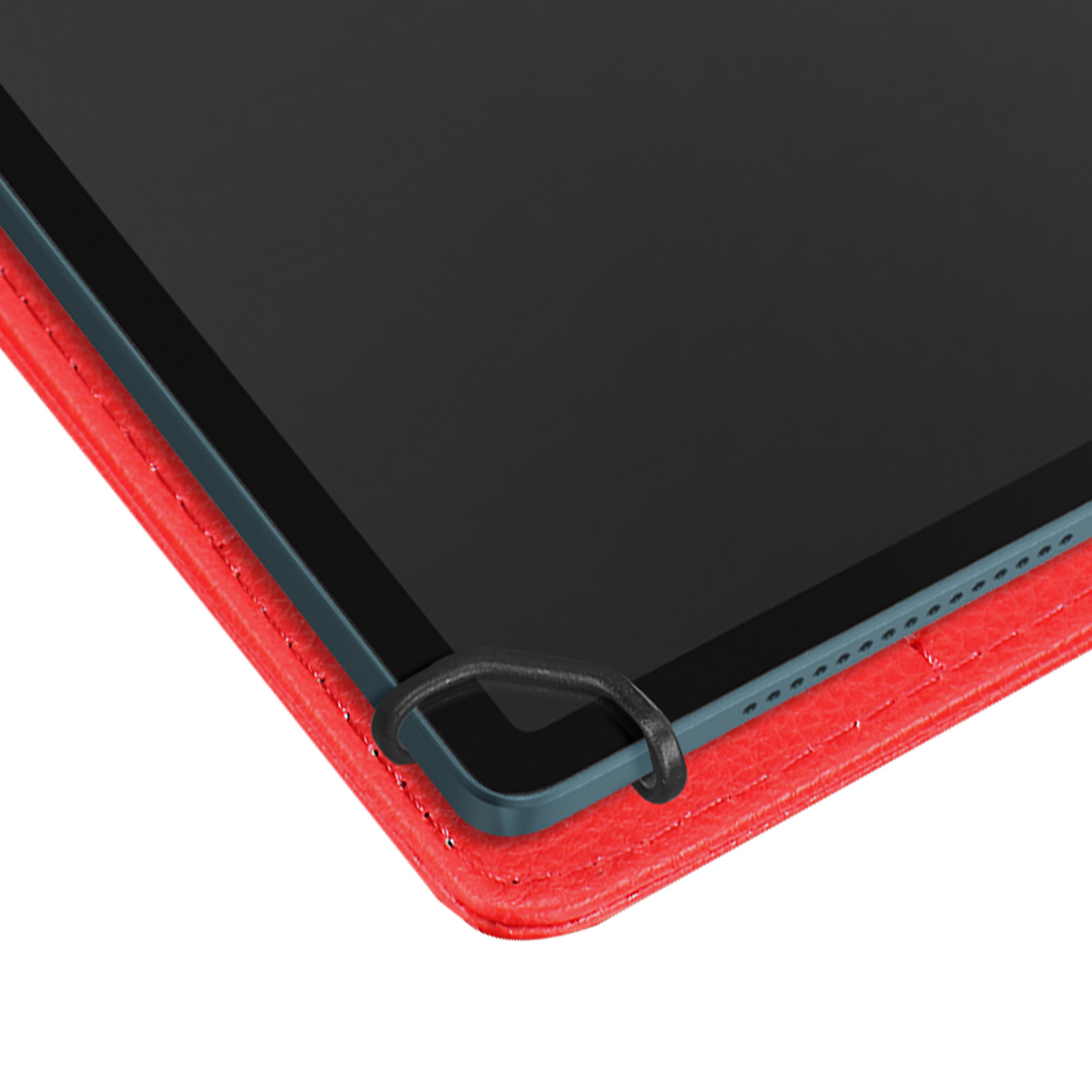 Un primo piano di un tablet in una custodia rossa. L'angolo del tablet mostra lo schermo.