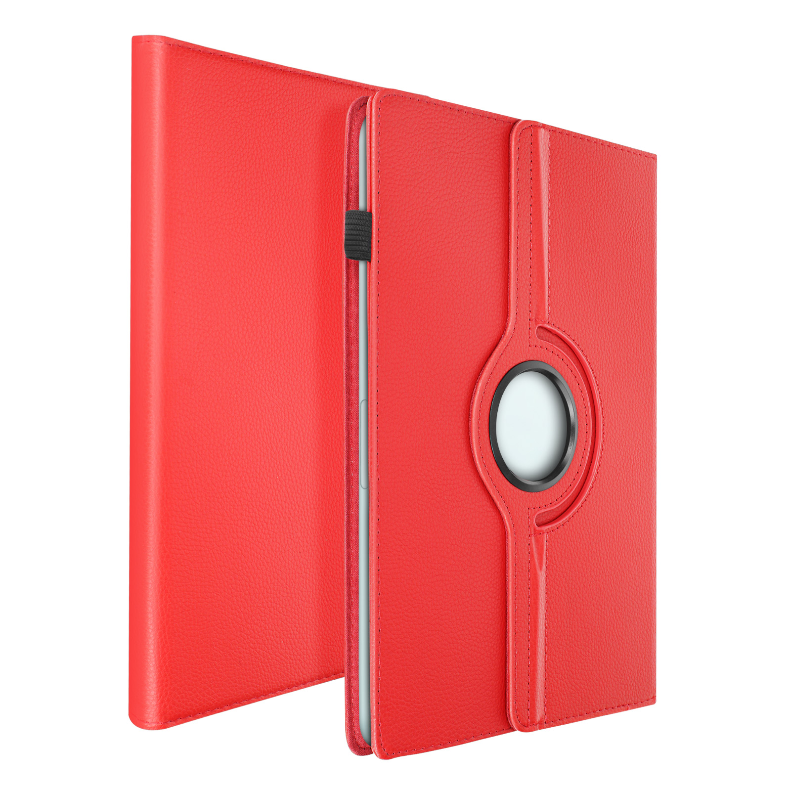 Custodia rossa per tablet, aperta, con cinturino nero, su sfondo bianco. La custodia è similpelle.