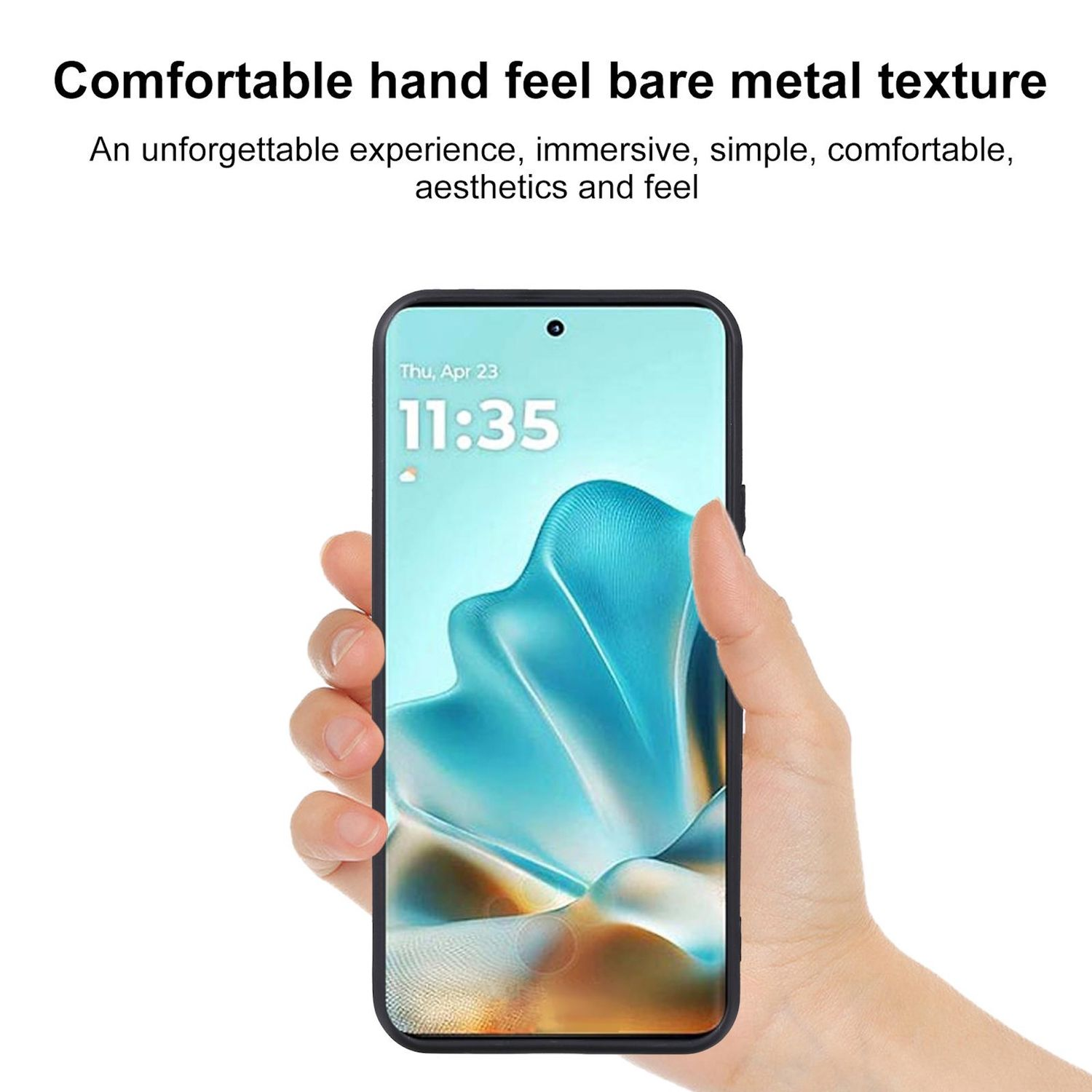 Hand hält schwarzes Telefon mit blauem Bildschirm mit einem Bild. Text beschreibt das Telefon.