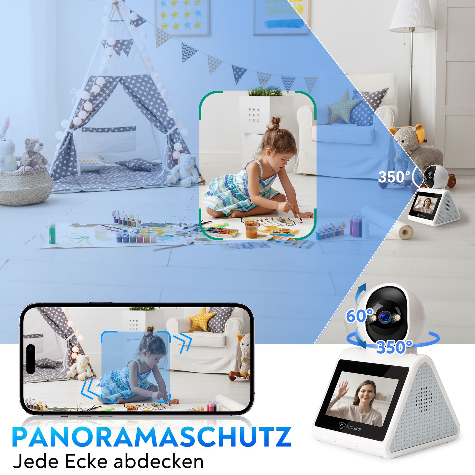 Kind zeichnet, Kamerasystem auf dem Display und eine Ansicht vom Telefon. Szene ist blau getönt.
