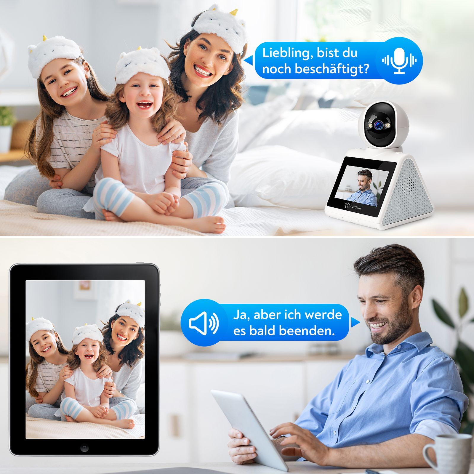 Eine Familie, die ein Babyphone benutzt. Eine Mutter und Töchter sowie ein Vater mit einem Tablet werden gezeigt.