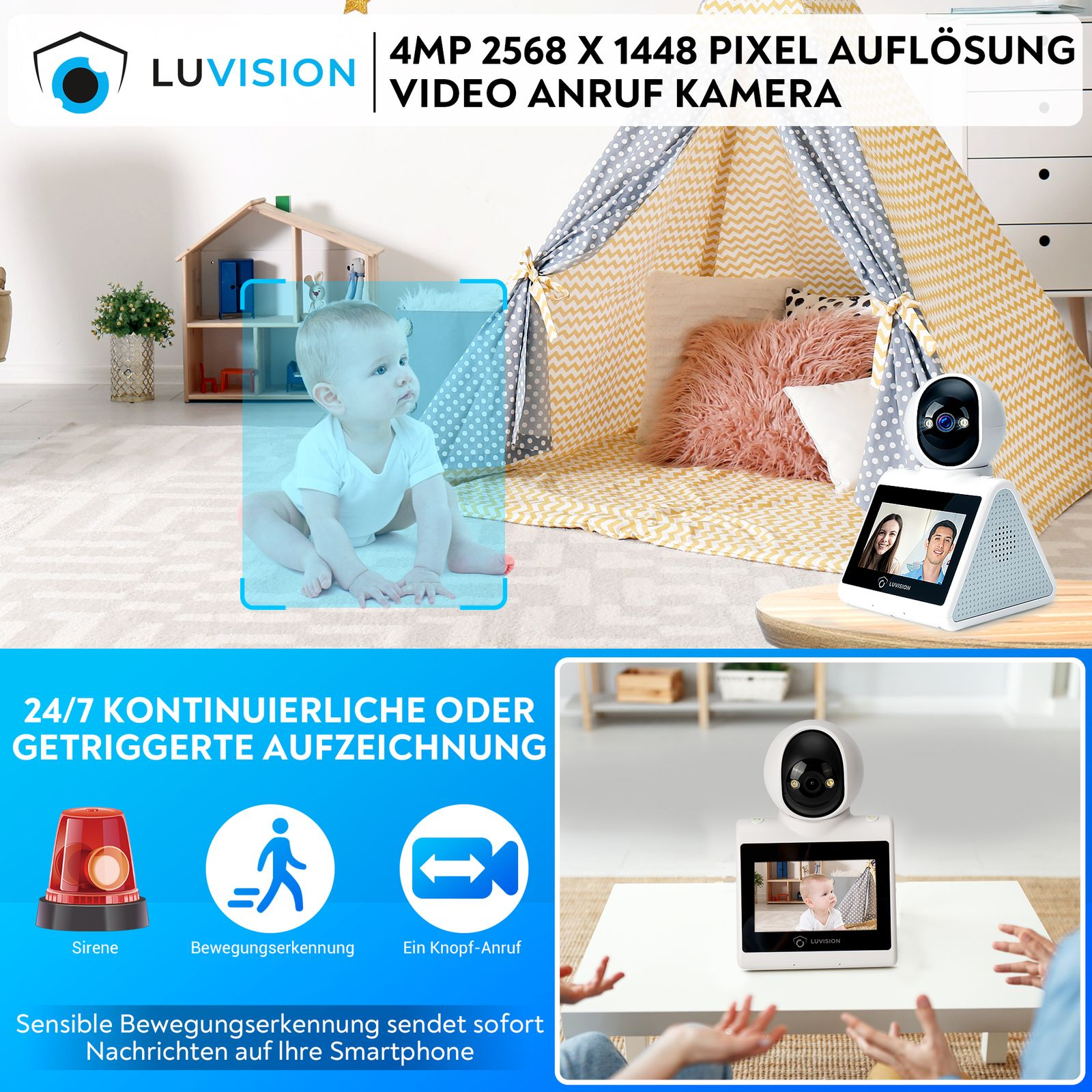 Ein Babyphone mit Bildschirm und Kamera. Ein Baby und eine häusliche Umgebung sind im Bild zu sehen.