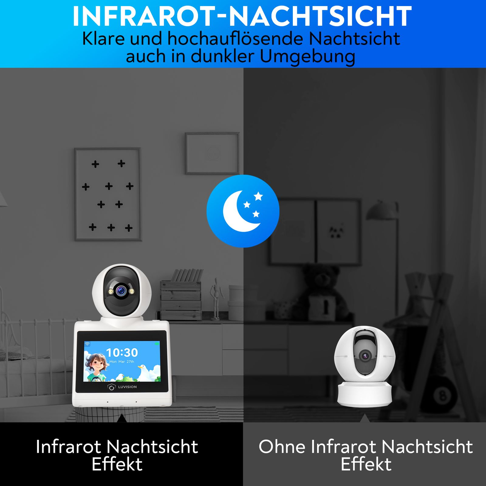 Bild, das einen Babyphone mit Nachtsicht zeigt. Eine Seite ist Tag, die andere Nacht mit einem Mond.