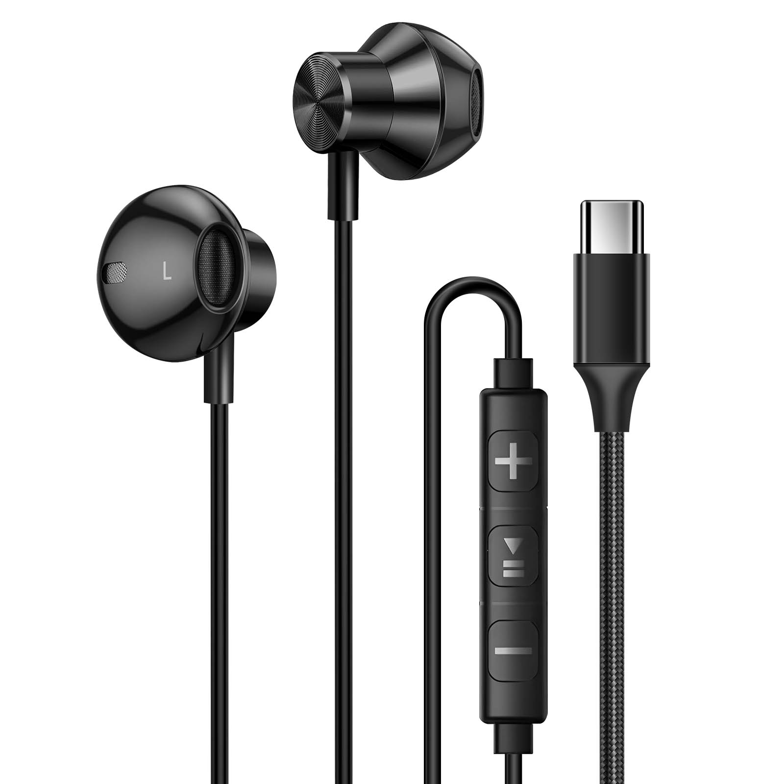 Auricolari neri con unità di controllo e connettore USB-C, tutto su sfondo bianco.