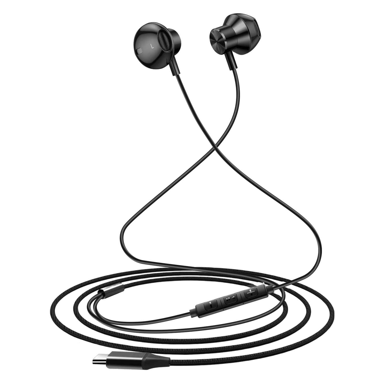 Auricolari neri con unità di controllo e connettore USB-C, tutto su sfondo bianco.