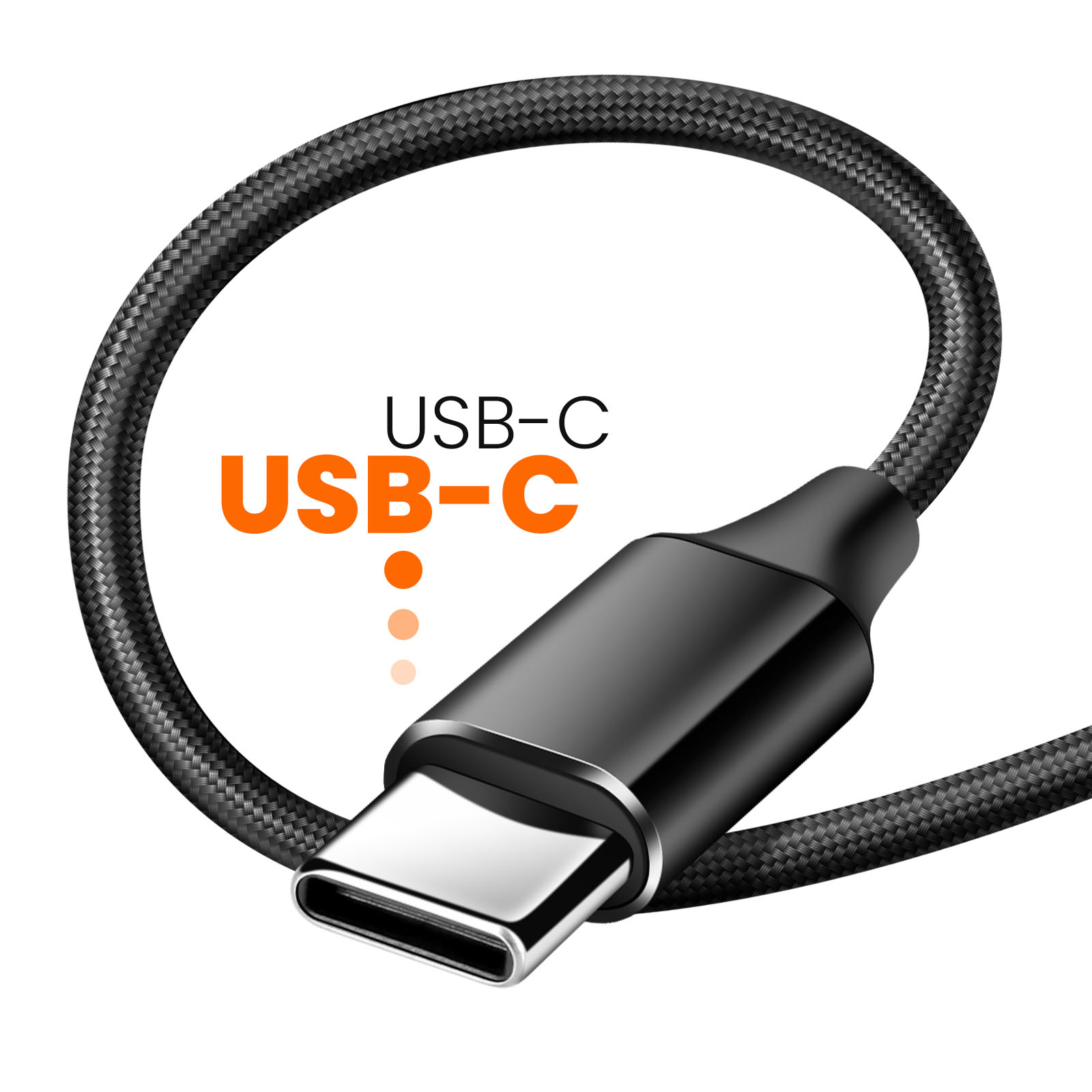 Un cavo USB-C, nero e intrecciato, con un connettore USB-C è mostrato.