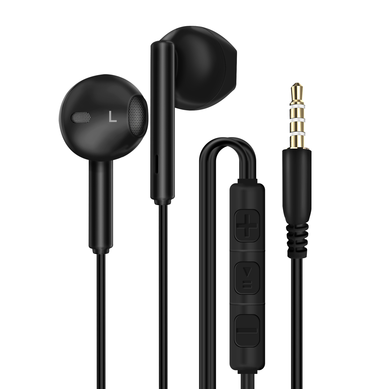 Auricolari neri con pannello di controllo e jack dorato.