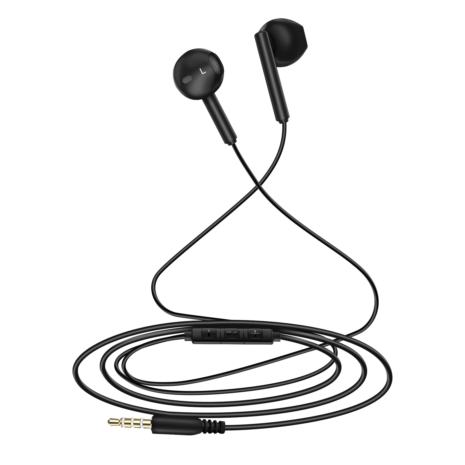 Auricolari neri con unità di controllo e jack da 3,5 mm, su sfondo bianco.