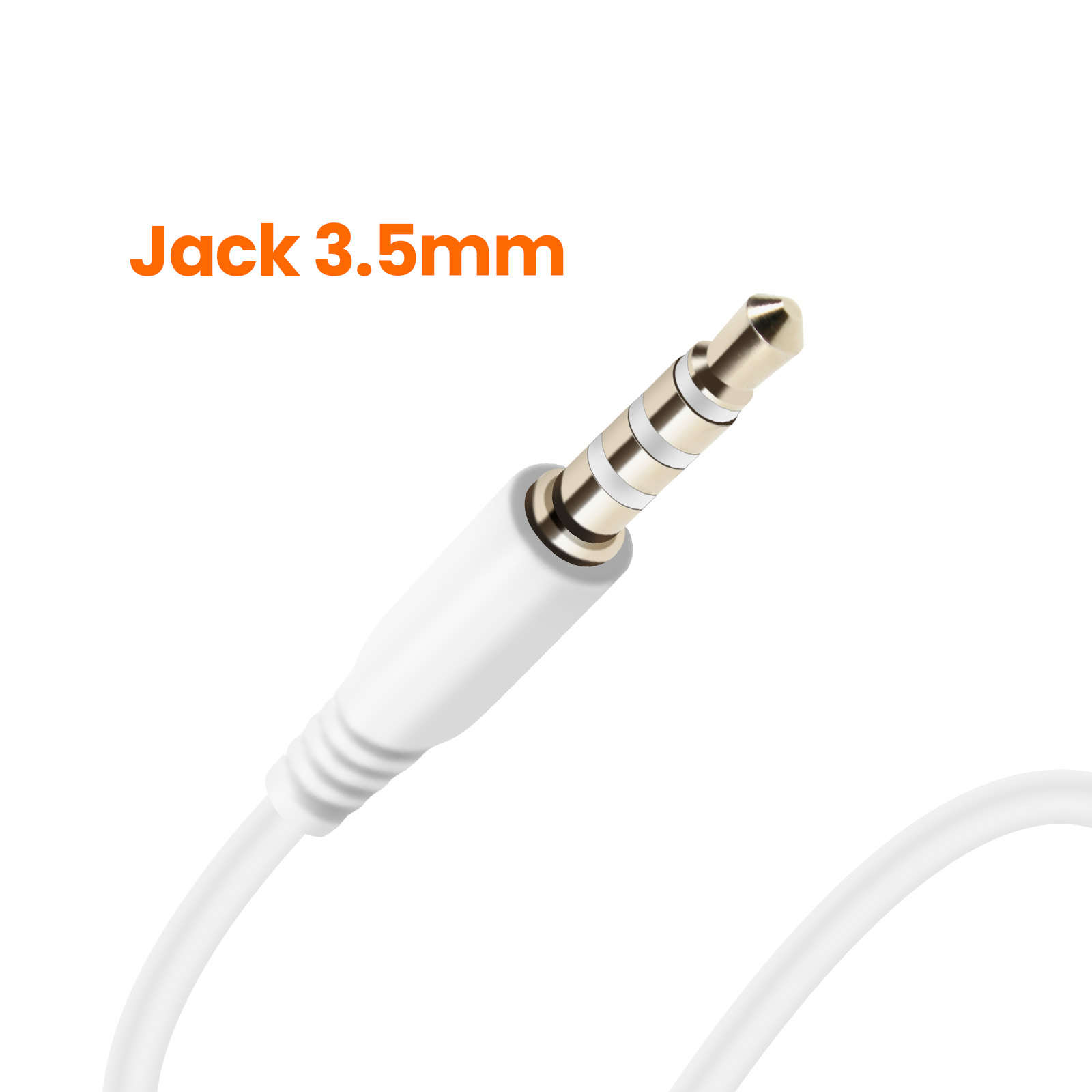 Un connettore jack da 3,5 mm con un cavo bianco, in primo piano. Il testo "Jack 3.5mm" è sopra il connettore.